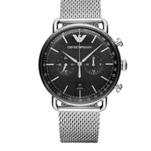 EMPORIO ARMANI AR11104 AVIATOR BLACK DIAL SILVER STAINLESS STEEL QUARTZ MEN'S WATCH - Image 1