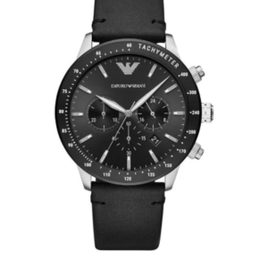 EMPORIO ARMANI AR11243 MARIO BLACK LEATHER STRAP BLACK DIAL CHRONOGRAPH QUARTZ GENTS WATCH 43MM - Image 1