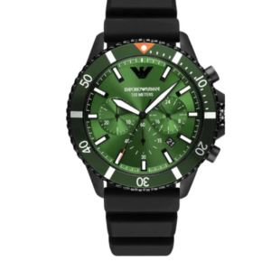 EMPORIO ARMANI AR11463 DIVER BLACK SILICONE STRAP GREEN DIAL CHRONOGRAPH QUARTZ GENTS WATCH 43MM - Image 1