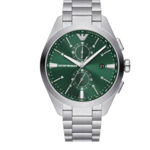 EMPORIO ARMANI AR11480 GREEN DIAL SILVER STAINLESS STEEL QUARTZ CHRONOGRAPH MEN'S WATCH 43MM - Image 1