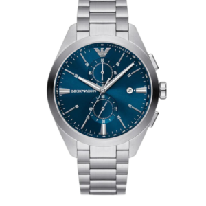 EMPORIO ARMANI AR11541 CLAUDIO SILVER STAINLESS STEEL BLUE DIAL CHRONOGRAPH QUARTZ GENTS WATCH 42MM - Image 1
