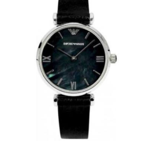 EMPORIO ARMANI AR1678 MOTHER OF PEARL DIAL BLACK LEATHER STRAP QUARTZ WOMEN'S WATCH - Image 1
