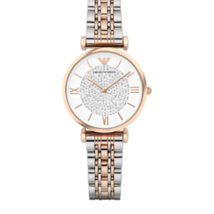 EMPORIO ARMANI AR1926 GIANNI T-BAR TWO-TONE STAINLESS STEEL WHITE DIAL WOMEN'S WATCH 32MM - Image 1