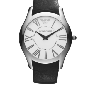 EMPORIO ARMANI AR2020 VALENTE SLIM LARGE WHITE DIAL BLACK LEATHER QUARTZ MEN'S WATCH - Image 1