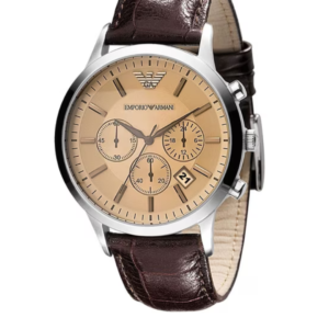 EMPORIO ARMANI AR2433 CLASSIC BROWN LEATHER STRAP AMBER DIAL QUARTZ MEN'S WATCH - Image 1