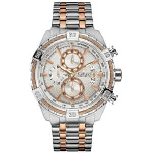 GUESS W0522G4 GENTS Watch – WHITE MULTIDIAL with DATE, ROSE GOLD TWO-TONE CASE & TWO-TONE STEEL CHAIN Design - Image 1