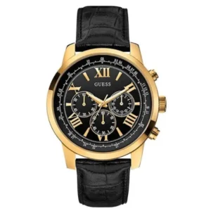 GUESS W0380G7 GENTS Watch – BLACK MULTIDIAL with ROMAN NUMERALS, GOLDEN CASE & BLACK LEATHER BELT Design - Image 1