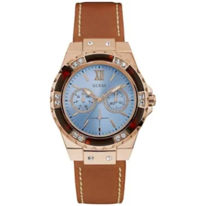 GUESS W0775L7 LADIES Watch – BLUE MULTIDIAL with ROSE GOLD CASE & BEZEL and BROWN LEATHER STRAP Design - Image 1