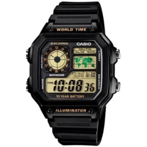CASIO AE-1200WH-1BV GENTS Watch – SQUARE DIGITAL SCREEN with AMBER/YELLOW DISPLAY, WORLD MAP & BLACK RESIN STRAP Design - Image 1