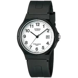 CASIO MW-59-7BVD GENTS Watch – CRISP WHITE ARABIC DIAL with DATE, BLACK RESIN CASE & BLACK RUBBER STRAP Design - Image 1
