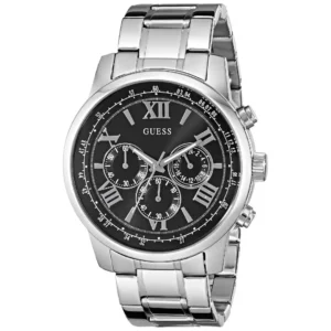 GUESS W0379G1 GENTS Watch – BLACK MULTIDIAL with ALL SILVER CASE & SILVER STEEL CHAIN Design - Image 1