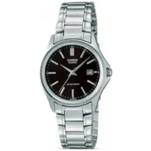 CASIO LTP-1183A-1ADF LADIES Watch – SUNRAY BLACK DIAL with DATE DISPLAY, SILVER CASE & STAINLESS STEEL CHAIN Design - Image 1