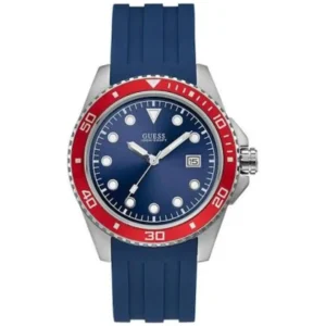 GUESS W1109G2 GENTS Watch – BLUE SUNRAY DIAL with DATE, SILVER BEZEL, RED CASE & BLUE RUBBER STRAP Design - Image 1