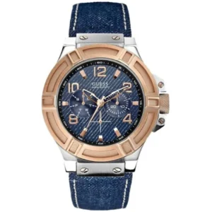 GUESS W0040G6 GENTS Watch – BLUE MULTIDIAL with SILVER BEZEL, ROSE GOLD CASE & JEANS STRAP Design - Image 1