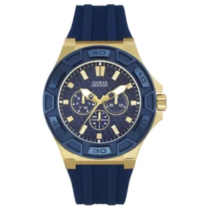 GUESS W0674G2 GENTS Watch – BLUE MULTIDIAL with BLUE BEZEL, GOLDEN CASE & BLUE RUBBER STRAP Design - Image 1