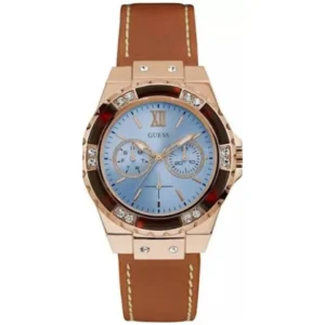 GUESS W0775L7 LADIES Watch – BLUE MULTIDIAL with CRYSTAL BEZEL, ROSE GOLD CASE & BROWN LEATHER STRAP Design - Image 1
