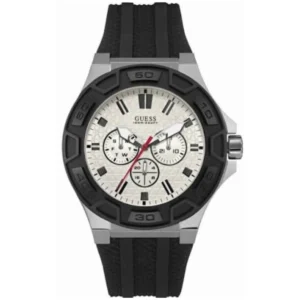 GUESS W0674G3 GENTS Watch – WHITE MULTIDIAL with SILVER BEZEL, BLACK CASE & BLACK RUBBER STRAP Design - Image 1