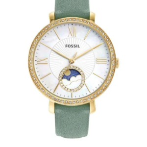 FOSSIL JACQUELINE SUN MOON GREEN LEATHER STRAP MOTHER OF PEARL DIAL QUARTZ WATCH FOR LADIES - ES5168 - 36MM - Image 1