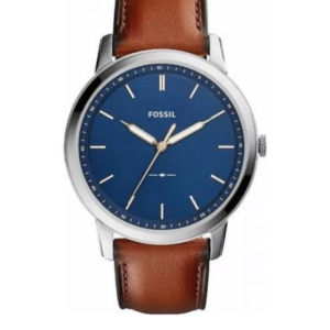 FOSSIL FS5304 MINIMALIST MEN'S WATCH SILVER STAINLESS STEEL & BLUE DIAL WITH BROWN LEATHER STRAP - Image 1