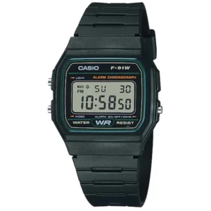 CASIO F-91W-3D VINTAGE GENTS Watch – SQUARE DIGITAL SCREEN with GREEN BORDER ACCENT, BLACK CASE & BLACK RUBBER STRAP Design - Image 1