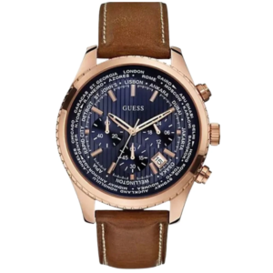 GUESS W0500G1 GENTS Watch – BLUE MULTIDIAL with ROSE GOLD CASE & BROWN LEATHER BELT Design - Image 1