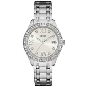 GUESS W0848L1 LADIES Watch – WHITE DIAL with 8-STONE HOUR MARKERS, STONE BEZEL & STAINLESS STEEL CHAIN Design - Image 1