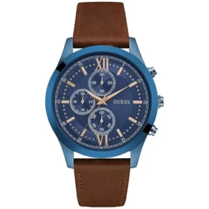 GUESS W0876G3 GENTS Watch – BLUE MULTIDIAL with BLUE CASE & BEZEL and BROWN LEATHER STRAP Design - Image 1