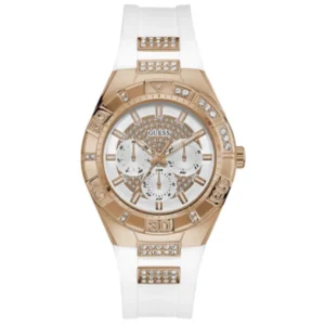 GUESS W0653L4 LADIES Watch – WHITE MULTI DIAL with ROSE GOLD CASE, STONE BEZEL & WHITE RUBBER STRAP Design - Image 1