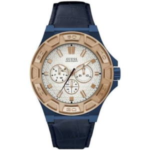 GUESS W0674G7 GENTS Watch – WHITE MULTIDIAL with BLUE CASE, ROSE GOLD BEZEL & BLUE LEATHER BELT Design - Image 1