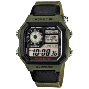 CASIO AE-1200WHB-BV ILLUMINATOR GENTS Watch – SQUARE DIGITAL SCREEN with WORLD MAP, GREEN PLASTIC CASE & GREEN CLOTH STRAP Design - Image 1