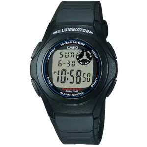 CASIO F-200W-1AD ILLUMINATOR GENTS Watch – DIGITAL DISPLAY with 10-YEAR BATTERY, BLACK CASE & BLACK RUBBER STRAP Design - Image 1