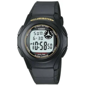CASIO F-200W-9AD ILLUMINATOR GENTS Watch – DIGITAL DISPLAY with GOLD ACCENTS, 10-YEAR BATTERY & BLACK RUBBER STRAP Design - Image 1