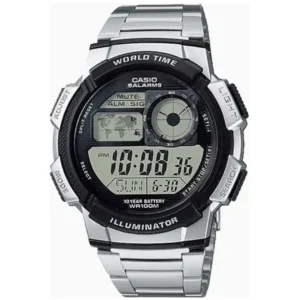 CASIO AE-1000WD-1AVD ILLUMINATOR GENTS Watch – DIGITAL WORLD MAP DISPLAY, SILVER CASE & STAINLESS STEEL CHAIN Design - Image 1