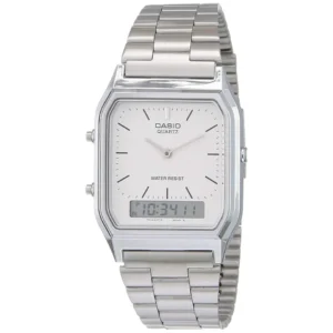 CASIO AQ-230A-7D VINTAGE GENTS Watch – SQUARE ANA-DIGI WHITE DIAL, SILVER CASE & STAINLESS STEEL CHAIN Design - Image 1