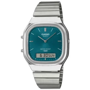 CASIO AQ-240E-3AD VINTAGE GENTS Watch – SQUARE ANA-DIGI GREEN DIAL, SILVER CASE & STAINLESS STEEL CHAIN Design - Image 1