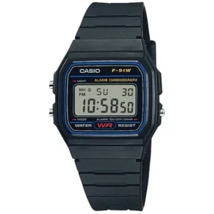 CASIO F-91W-1D VINTAGE GENTS Watch – SQUARE DIGITAL SCREEN with CLASSIC BLUE ACCENT, BLACK CASE & BLACK RUBBER STRAP Desig - Image 1