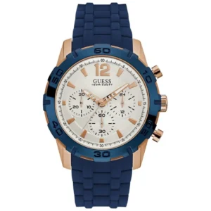 GUESS W0864G5 GENTS Watch – WHITE DIAL with ROSE GOLD CASE, BLUE BEZEL & BLUE RUBBER STRAP Design - Image 1