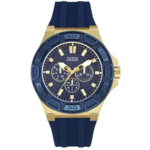 GUESS W0674G2 GENTS Watch – BLUE DIAL with GOLDEN CASE, BLUE BEZEL & BLUE RUBBER STRAP Design - Image 1