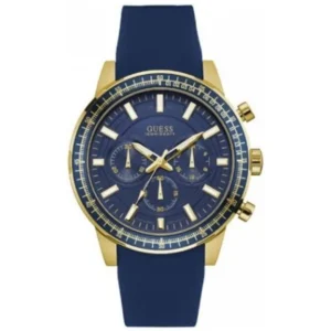 GUESS W0802G2 GENTS Watch – BLUE DIAL with GOLDEN CASE, BLUE BEZEL & BLUE RUBBER STRAP Design - Image 1