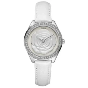 GUESS W75043L1 LADIES Watch – WHITE FLOWER DIAL with Premium STONE BEZEL & WHITE STRAP Design - Image 1
