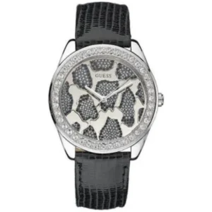 GUESS W0056L1 LADIES Watch – SILVER STONED DIAL with Premium STONE BEZEL & BLACK STRAP Design - Image 1