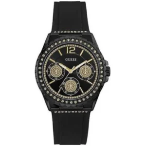 GUESS W0846L1 LADIES Watch – BLACK DIAL with GOLDEN MULTIDIAL, STONE BEZEL & BLACK RUBBER STRAP Design - Image 1
