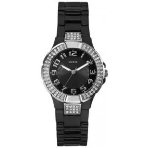 GUESS W11611L2 LADIES Watch – BLACK DIAL with ARABIC NUMERALS, STONE BEZEL & BLACK PLASTIC CHAIN Design - Image 1