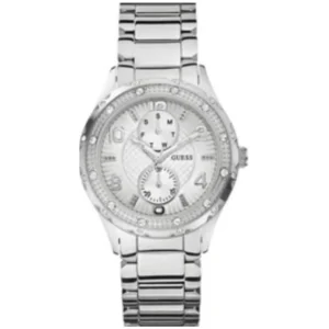 GUESS W0442L1 LADIES Watch – WHITE MULTIDIAL with STAINLESS STEEL CASE, STONE BEZEL & STEEL CHAIN Design - Image 1