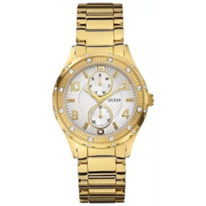 GUESS W0442L2 LADIES Watch – WHITE MULTIDIAL with GOLDEN CASE, STONE BEZEL & GOLDEN STEEL CHAIN Design - Image 1