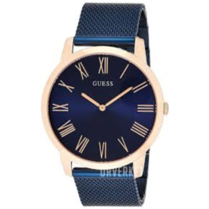 GUESS W1263G4 GENTS Watch – BLUE DIAL with ROMAN NUMERALS, ROSE GOLD CASE & BLUE MESH CHAIN Design - Image 1