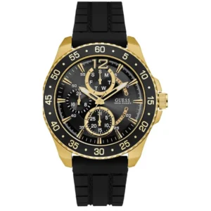 GUESS W0798G3 GENTS Watch – BLACK MULTIDIAL with BLACK BEZEL, GOLDEN CASE and BLACK RUBBER STRAP Design - Image 1
