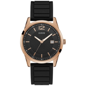GUESS W0991G7 GENTS Watch – BLACK DIAL with ROSE GOLD CASE & BLACK RUBBER BELT Design - Image 1