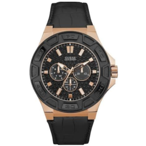GUESS W0674G6 GENTS Watch – BLACK MULTIDIAL with ROSE GOLD CASE, BLACK BEZEL & BLACK LEATHER STRAP Design - Image 1