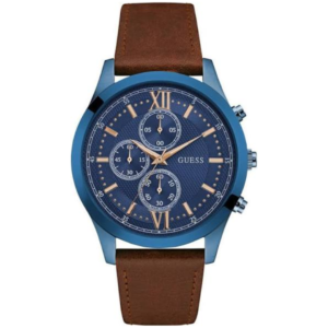 GUESS W0876G3 GENTS Watch – BLUE MULTIDIAL with BLUE CASE & BROWN LEATHER BELT Design - Image 1